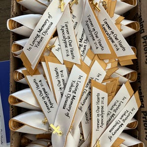 Custom Memorial ribbons pinned and ready to wear , lapel ribbons, remembrance ribbon,awareness personalized printed ribbons. Fast Shipping!