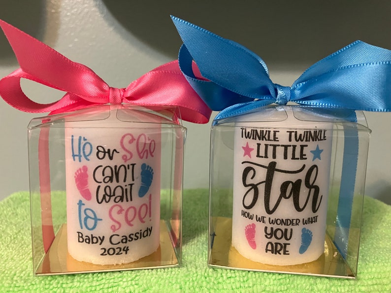 2 or 3 inch candle favors Gender reveal favors, gender neutral, he or she favors, gender reveal, gender reveal candles image 1