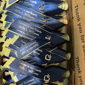 Custom Memorial ribbons pinned and ready to wear , baptism favors, remembrance ribbon, fundraiser ribbons, memorial ribbons