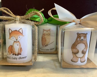 Ready to gift , personalized Candle Party Favors to Match any theme, rustic woodland favors , gender neutral reveal party