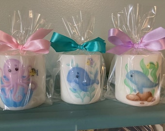 Custom prizes to match your theme! Candles prizes with your custom picture/wording on them! , baby shower prize, Sea creature. Under the Sea