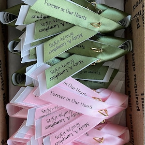 25/50/75/100 Beautiful satin custom Memorial ribbons pinned w/charm & ready to wear , baptism favors, remembrance ribbon, fundraiser ribbons