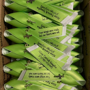 Custom Memorial ribbons pinned and ready to wear , lapel ribbons, remembrance ribbon,awareness personalized printed ribbons. Fast Shipping!