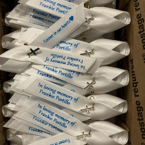 Custom Memorial ribbons pinned and ready to wear , lapel ribbons, remembrance ribbon,awareness personalized printed ribbons. Fast Shipping!