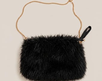 Black Faux Fur Crossbody Bag, Gold Chain Strap, Evening Clutch Purse