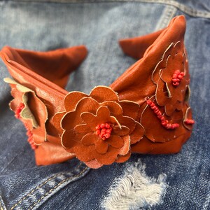 Vintage Floral Faux Leather Boho Headband in Bold Tangerine with Subtle Beading - Boho Headband - Headband For Women - Handmade