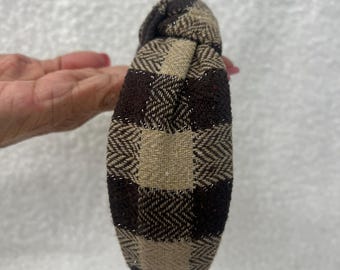 Brown Plaid Knotted Headband - Fall Fashion Accessory