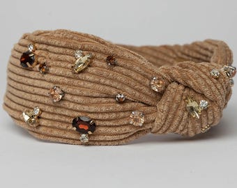 Wide Brown Headband-soft Fabric-handcrafted-rhinestones/gold  display picture 2