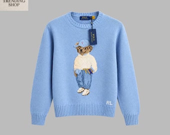 Polo Ralph Lauren Sky Blue Bear Knit Sweater: Wool Blend Crewneck Jumper