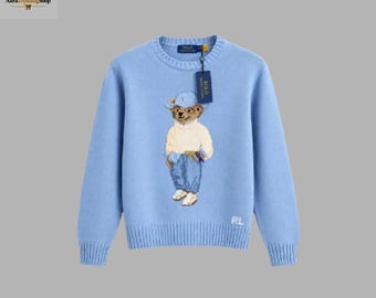 Polo Ralph Lauren Sky Blue Bear Knit Sweater: Wool Blend Crewneck Jumper