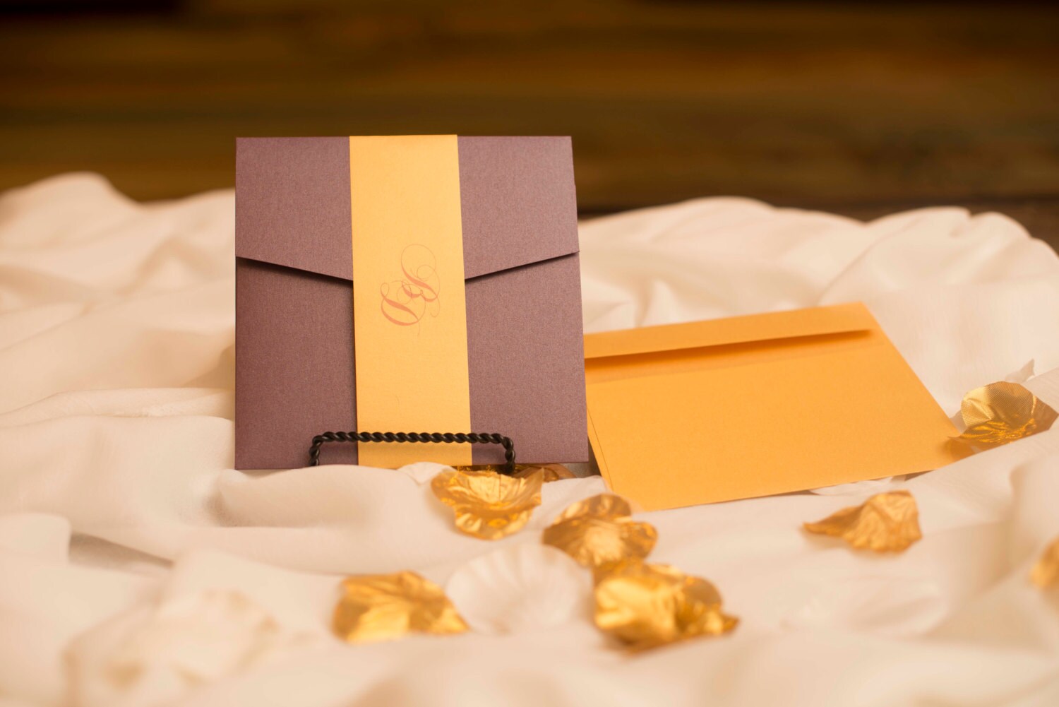 Elegant pocket fold wedding invitation in purple and yellow Etsy