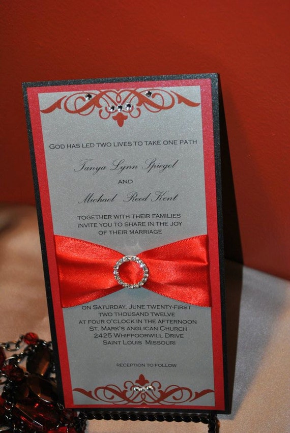 Red silver and black wedding invitation flat card with Etsy