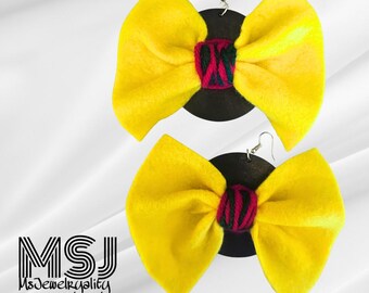 Yellow Bow Statement Earrings | Handmade Felt Earrings | Bold Afrocentric Style | Lightweight Dangle Earrings