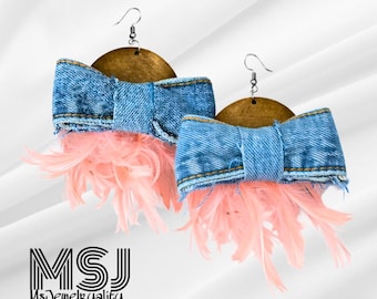 Bow’d Up & Booked | Denim Feather Earrings | Hanging Earrings with Wood Base