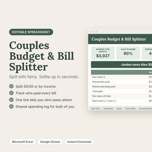 Puede incluir: Una hoja de cálculo digital editable titulada Couples Budget & Bill Splitter. La interfaz muestra totales mensuales compartidos, porcentajes individuales y un cálculo que indica que Jordan debe 579,47 a Alex. Incluye seguimiento de facturas.