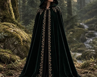 Samtumhang mit Kapuze, mittelalterlicher bestickter Umhang, Renaissance-Kostüm, Fantasy-Umhang für Damen