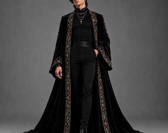 Gothic-Samtumhang für Herren mit Goldstickerei, bodenlanger Fantasy-Umhang