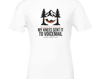Camiseta "La montaña me llama, mis rodillas lo enviaron al buzón de voz", camiseta divertida de senderismo, regalo para corredores de montaña, camiseta para correr.