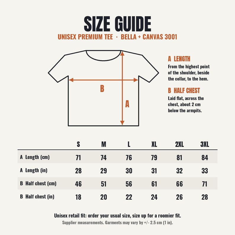 以下が含まれることがあります： Bella + Canvas 3001ユニセックスプレミアムTシャツのサイズガイド。Sから3XLまでのサイズに対応したセンチメートルとインチの測定値表で、肩から裾までの長さと、脇の下で平置きした胸囲の半分が記載されています。