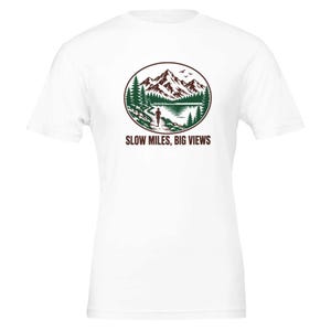 Slow Miles Big Views T-shirt, grappig trailrunning T-shirt, cadeau voor trailrunners, ultrarunner T-shirt, wandelshirt, cadeau voor berglopers White