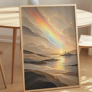 以下が含まれることがあります： 夕暮れの海岸風景を描いたインパストスタイルの風景画の額入り縦型ウォールアートプリント。遠くの島にある灯台、穏やかな海、そして曇り空に架かる鮮やかな虹が描かれたアート作品です。