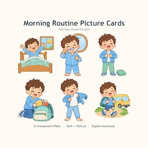 Carte illustrate per la routine mattutina dei bambini, 12 motivi a cartoni animati senza testo