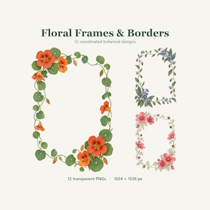 Floral Clipart Set of 12: Watercolor-Style Frames, Corners, Headers and Borders