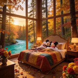 May include: A bed with a colorful patchwork quilt and two plush mouse characters resting on pillows, positioned in a room with large windows overlooking a river and a forest with autumn foliage, flanked by two bedside lamps.