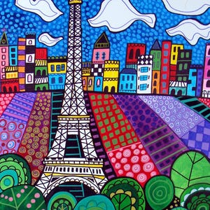Eiffel Tower over Patchwork Paris Folk Art Print - Paris Wall Art - Heather Galler