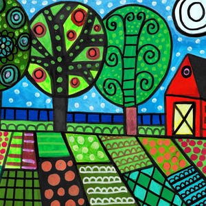 May include: A colorful painting featuring three stylized trees with circular and spiral patterns, a red barn with a silo, and a field divided into rectangular sections filled with various geometric patterns, dots, and grids under a blue sky.
