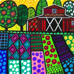 May include: A vibrant folk art painting of a red barn with white trim set against a yellow sky. The foreground features a patchwork of fields filled with colorful geometric patterns, including polka dots, diamonds, and grids in shades of blue, green, purple, and red.