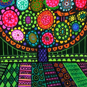 May include: A vibrant painting featuring a stylized tree with a black trunk and a canopy of colorful, circular floral patterns in shades of pink, orange, yellow, green, and blue. A small orange bird sits within the branches against a black background.