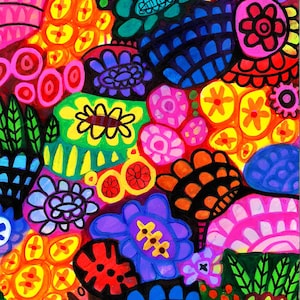 May include: A vibrant, multi-colored abstract painting featuring a dense composition of stylized flowers and organic shapes. The artwork uses bold black outlines to define various floral forms in bright shades of pink, yellow, blue, orange, and green.
