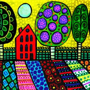 May include: A vibrant painting featuring a bright red house centered among stylized trees with black, green, and purple patterns. The foreground consists of vertical stripes filled with colorful geometric shapes, dots, and floral motifs against a yellow sky.