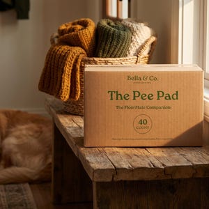 May include: A rectangular cardboard box labeled Bella & Co. The Pee Pad The FloorMate Companion 40 Count. The box is brown with green text and is positioned on a wooden bench. Behind the box is a woven basket containing folded knit blankets.