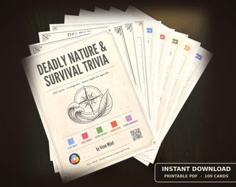 May include: A stack of printable game cards titled Deadly Nature & Survival Trivia. The top card features a compass and leaf illustration, five colored category squares, a QR code, and the text by Venn Mind. The set includes 100 cards in 5 categories.
