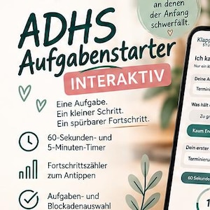 Può includere: Uno strumento digitale interattivo per la gestione dei compiti ADHD di Klappkopf Studio. L'interfaccia include un timer da 60 secondi e 5 minuti, un contatore di progressi, opzioni di selezione dei compiti e un workbook PDF di 8 pagine.