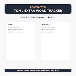Könnte beinhalten: Eine digitale Tabellenvorlage für Auftragnehmer zur Nachverfolgung von Zeit und Material sowie Zusatzarbeiten. Die Überschrift lautet CONTRACTOR T&M / EXTRA WORK TRACKER. Funktionen umfassen Arbeitszeit, Material, Kosten und Statusverwaltung.