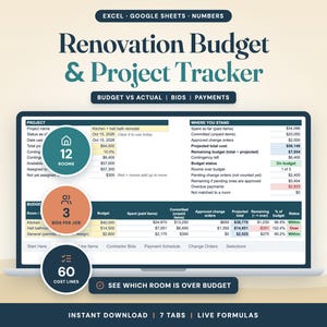 Può includere: Un foglio di calcolo digitale per il monitoraggio del budget e dei progetti di ristrutturazione visualizzato su uno schermo di un portatile. L'interfaccia presenta intestazioni blu scuro, celle dati bianche e tre icone circolari che indicano 12 stanze, 3 offerte per lavoro e 60 righe di costo.