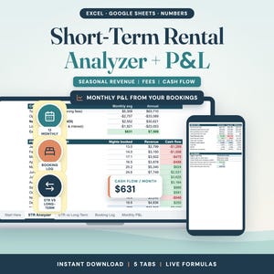 May include: A digital Short-Term Rental Analyzer and P&L spreadsheet tool for Excel, Google Sheets, and Numbers. The interface displays financial data, booking logs, and cash flow metrics on a laptop screen and a smartphone, featuring five tabs.