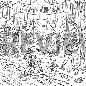 Op de afbeelding: Een zwart-wit kleurplaatillustratie van een chaotische kampeerscène getiteld CAMP OH-NO! met scouts, een beer, wasberen, een tent, een kampvuur en bomen. De tekst LEAVE FOOD OUT!, BUILD HUGE FIRES! en CUB SCOUTS 2024 is in een boomstam gekerfd.