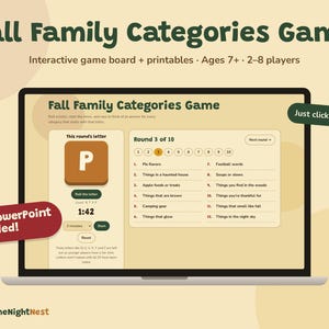 May include: A digital Fall Family Categories Game displayed on a laptop screen. The interface features a round timer, a letter selector, and a list of twelve categories. Text includes 'Fall Family Categories Game', 'No PowerPoint Needed!', and 'Just click & play'.