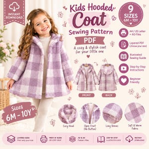 May include: A digital sewing pattern for a kids hooded coat in sizes 6M-10Y. The image displays a purple and white plaid coat, front and back views, and details including a hood, open front, long sleeves, and soft fabric texture.