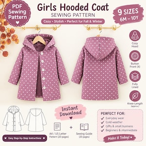 Può includere: Un cartamodello PDF per un cappotto con cappuccio, caratterizzato da un esterno viola con pois bianchi e una fodera viola scuro. Il design presenta un'abbottonatura frontale con quattro bottoni, un cappuccio e una lunghezza al ginocchio per taglie 6M-10Y.