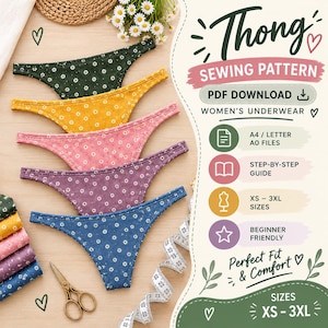 May include: A thong sewing pattern PDF download for underwear in sizes XS-3XL. The image displays five thongs in green, yellow, pink, purple, and blue, all featuring a white daisy floral print, alongside scissors and a measuring tape.