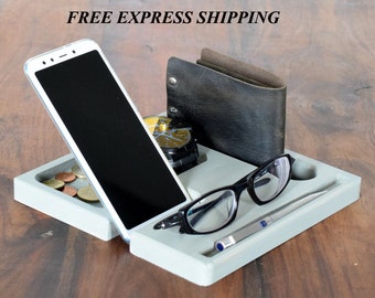 Gift for him, Docking station, husband gift, Warm Gray, organizer for him, gifts for men, gifts for boyfriend, wooden gift, Wocd organizer