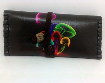 Leather Tobacco pouch printed psychedelic mushrooms