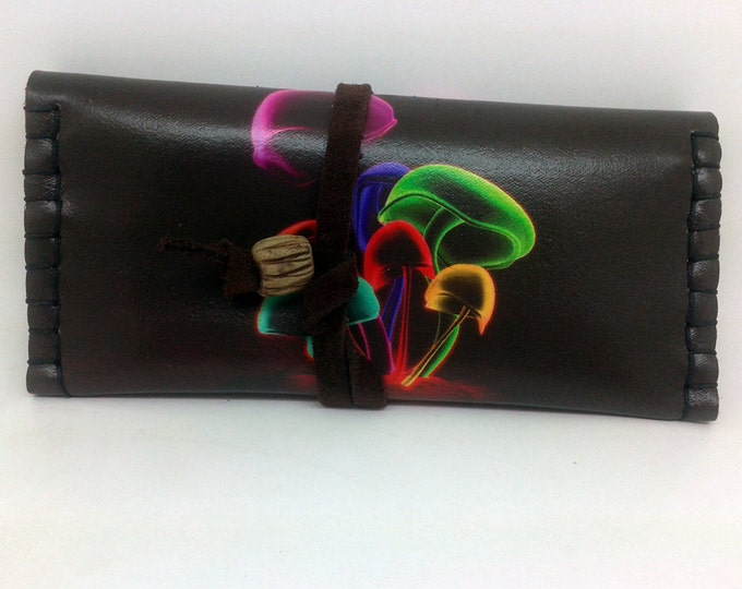 Leather Tobacco pouch printed psychedelic mushrooms