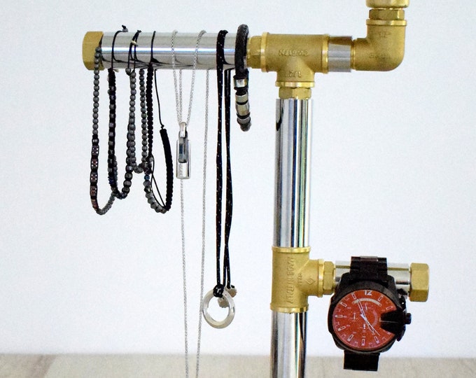 Industrial Pipe Jewelry Stand, Solid Brass T-Bar Jewelry Display, Bracelet Display Stand, Watch Stand, men's jewelry stand, Necklace Stand