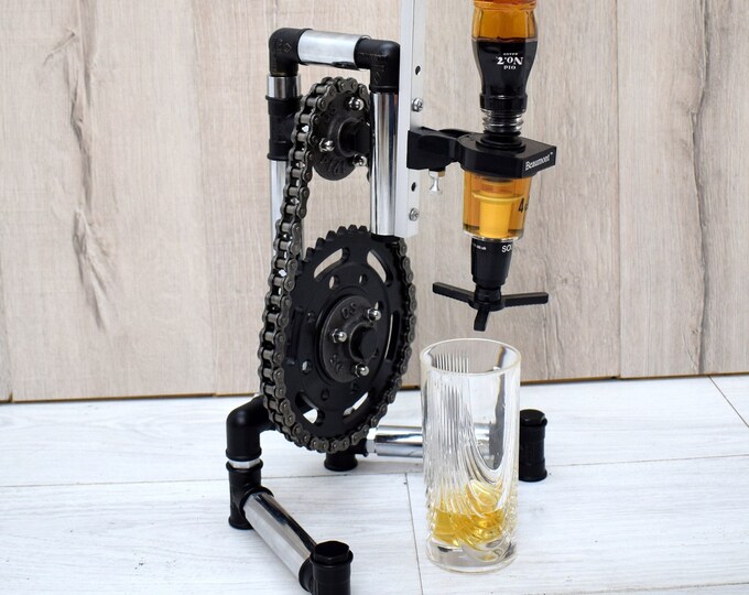 steampunk bar art, industrial style, steampunk décor, Motorcycle chain art, Whiskey Dispenser. Chain model.